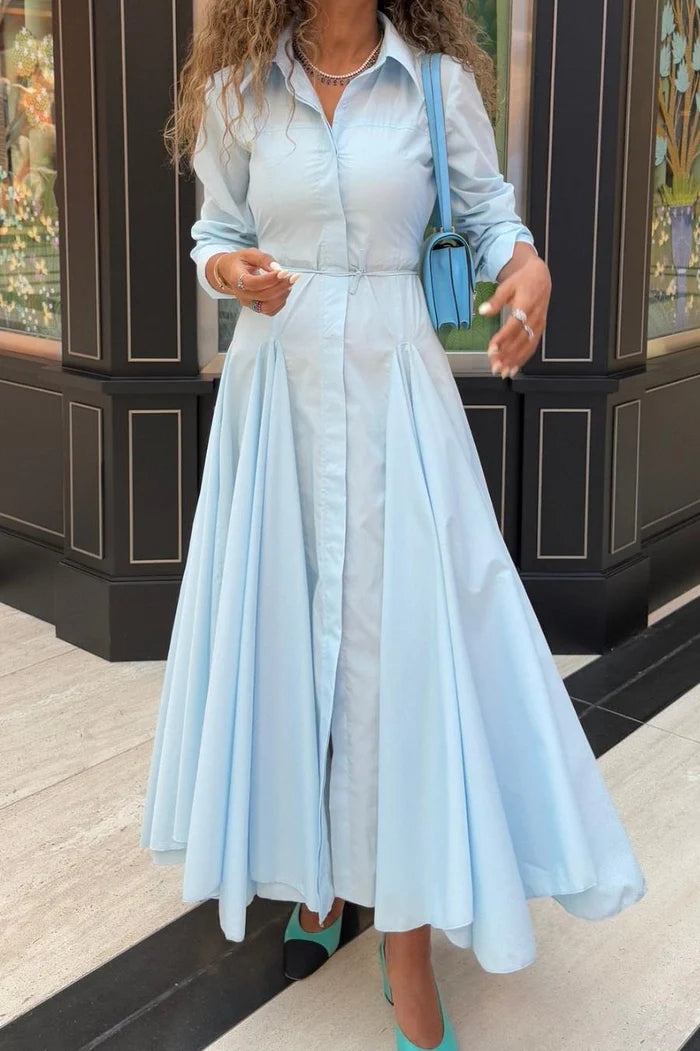Shirt-Style Cotton Dress with Flared Skirt