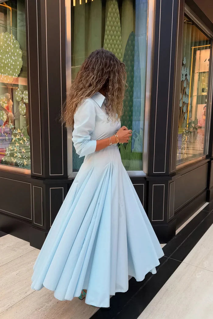 Shirt-Style Cotton Dress with Flared Skirt