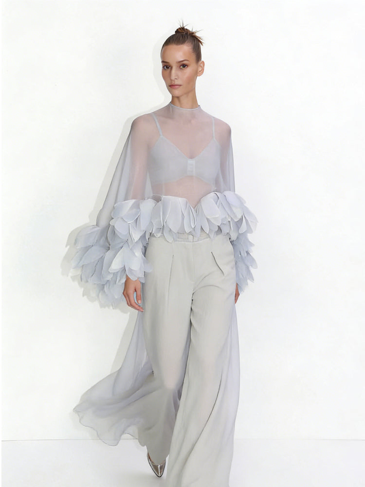 Sheer Organza Petal-Embellished Cape Top