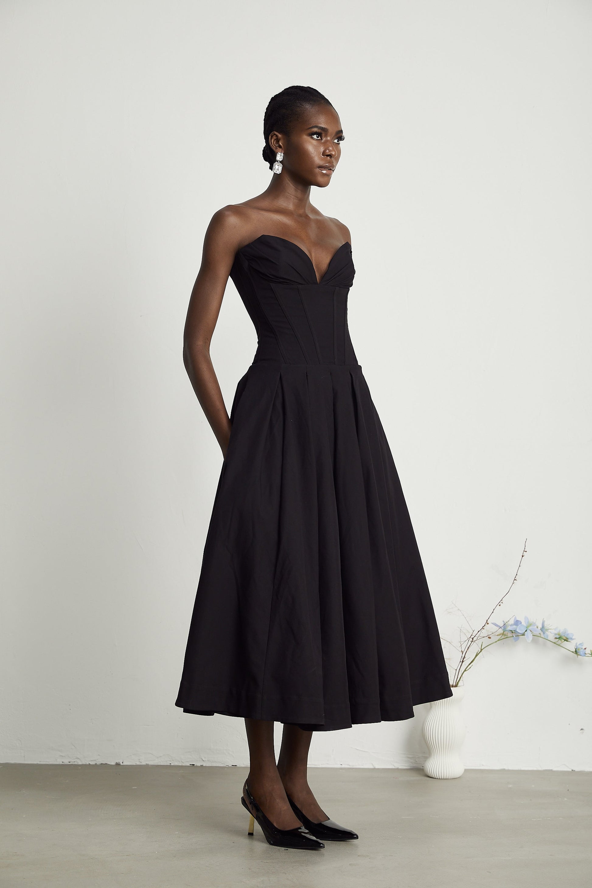 Katherine Black Off-Shoulder Corset Midi Dress