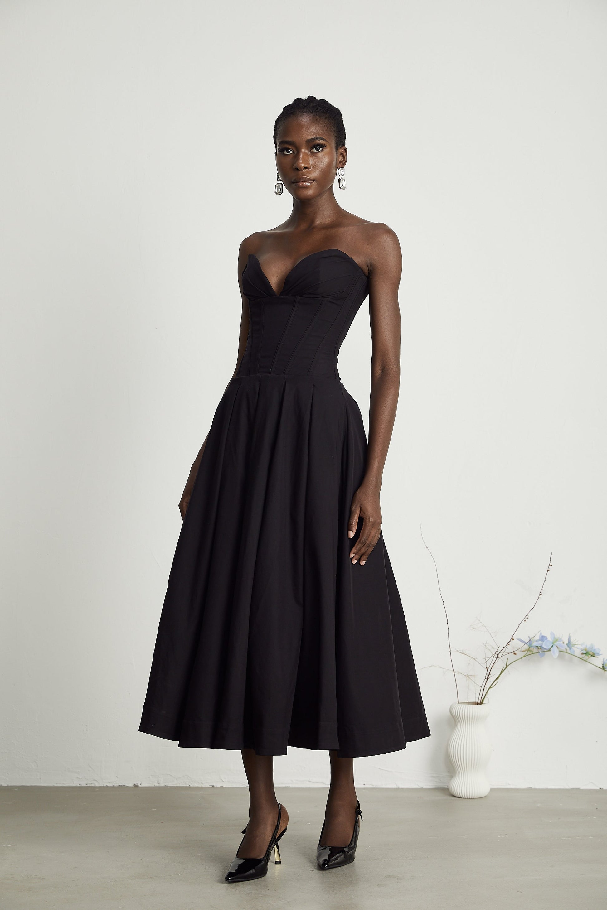 Katherine Black Off-Shoulder Corset Midi Dress