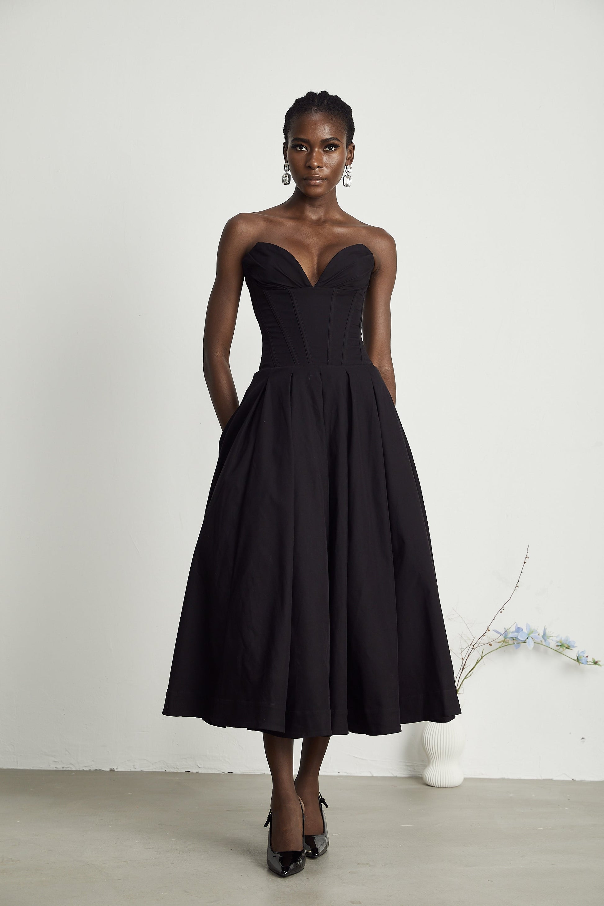 Katherine Black Off-Shoulder Corset Midi Dress