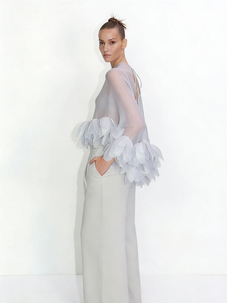 Sheer Organza Petal-Embellished Cape Top
