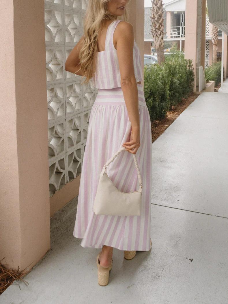 Pink And White Striped Skirt Set