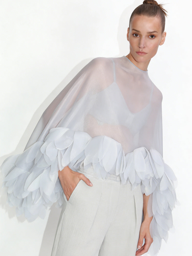 Sheer Organza Petal-Embellished Cape Top