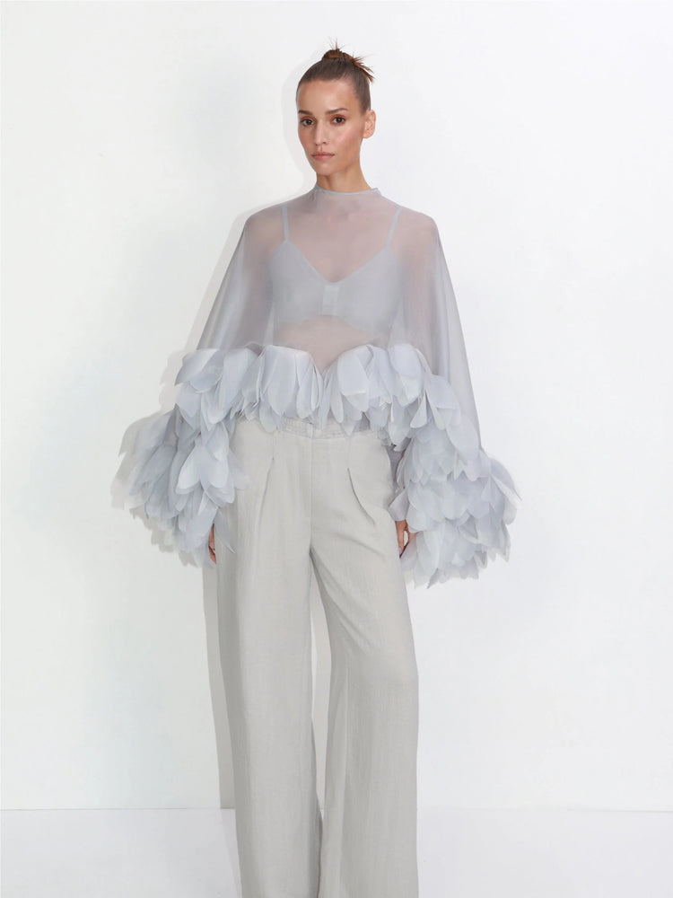 Sheer Organza Petal-Embellished Cape Top