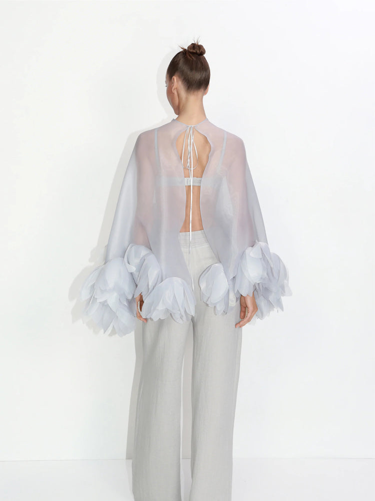 Sheer Organza Petal-Embellished Cape Top