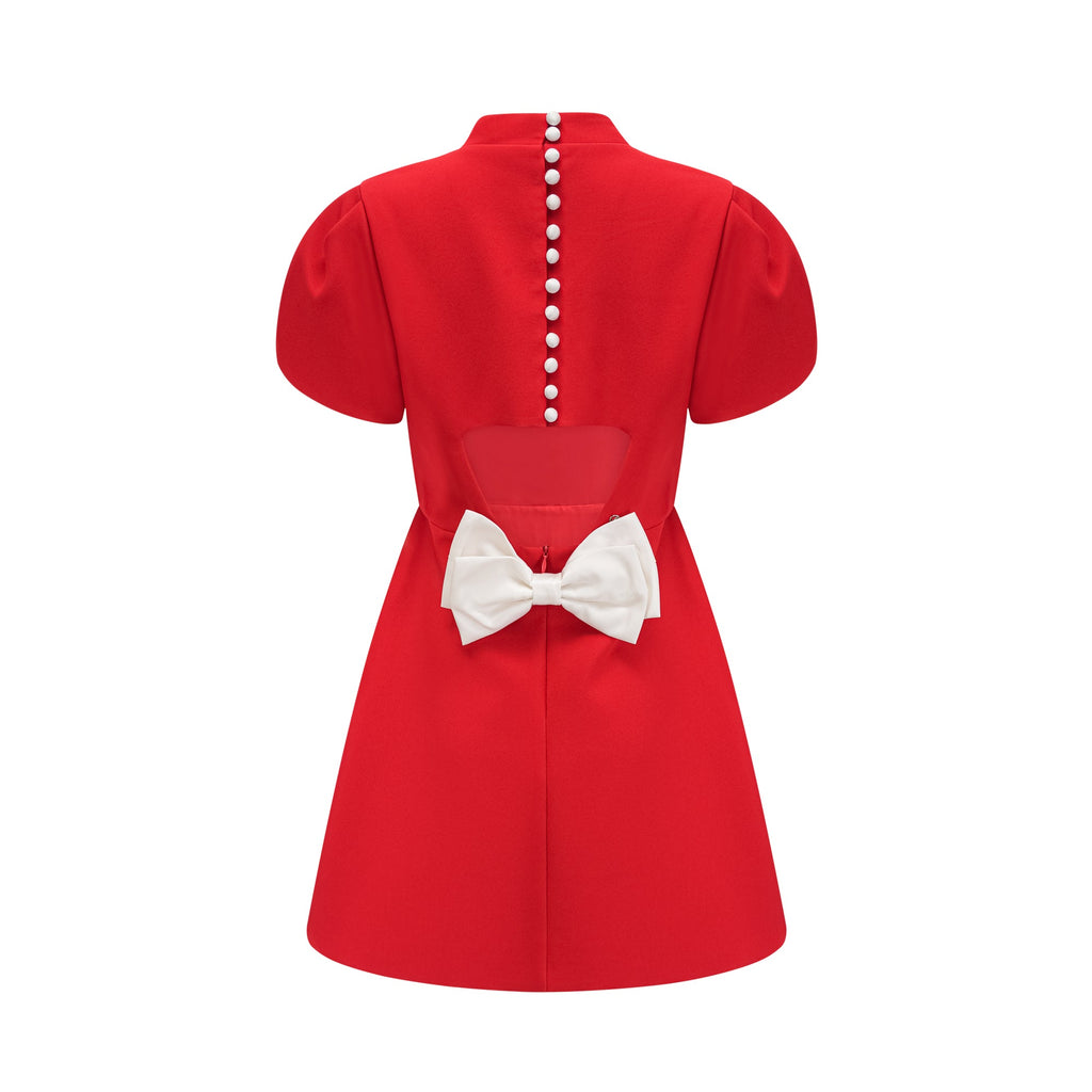 Anna red petal-sleeve cut-out bow mini dress
