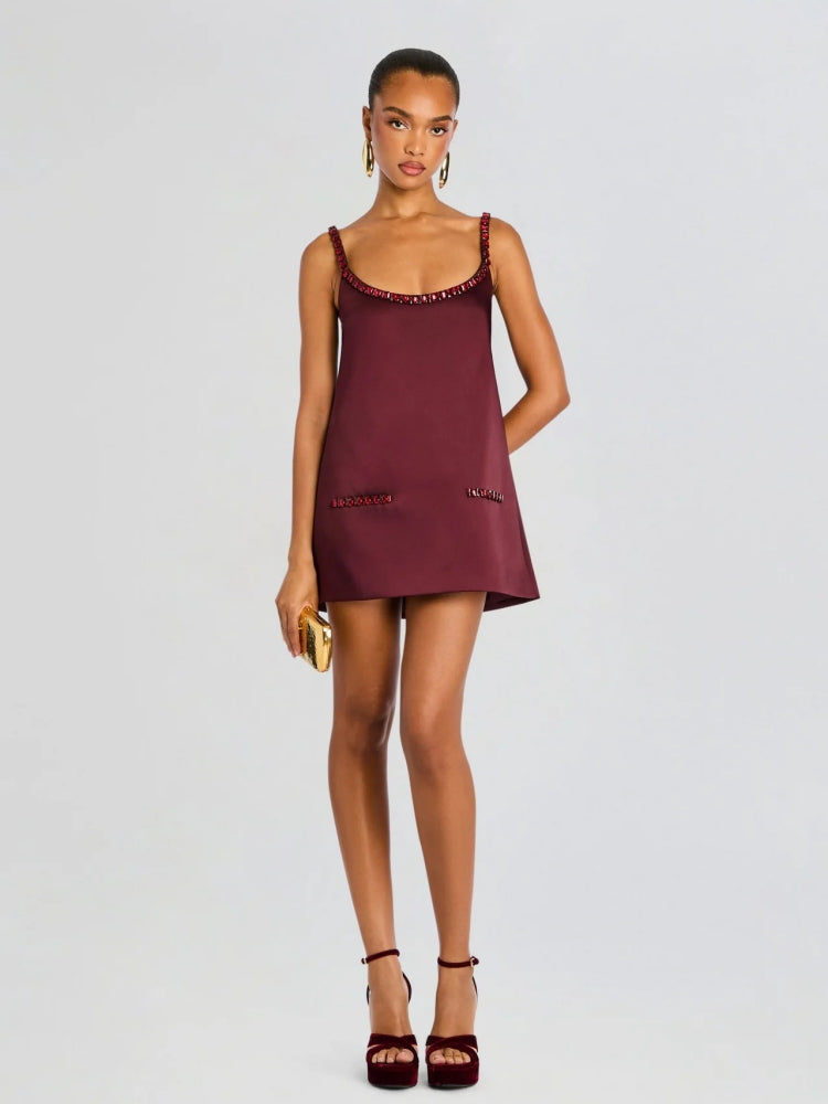 Satin Jewel-Chain A-Line Mini Dress