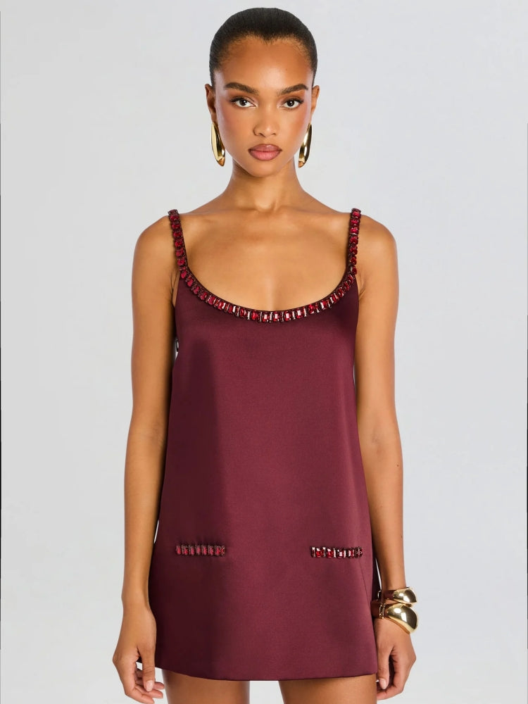 Satin Jewel-Chain A-Line Mini Dress