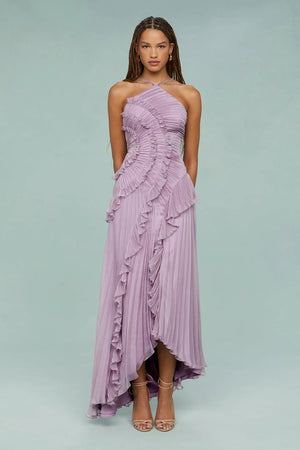 Pleated Frill Halter Neck Maxi Dress