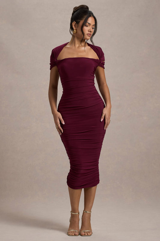 Paxos | Burgundy Ruched Short-Sleeve Midi Dress