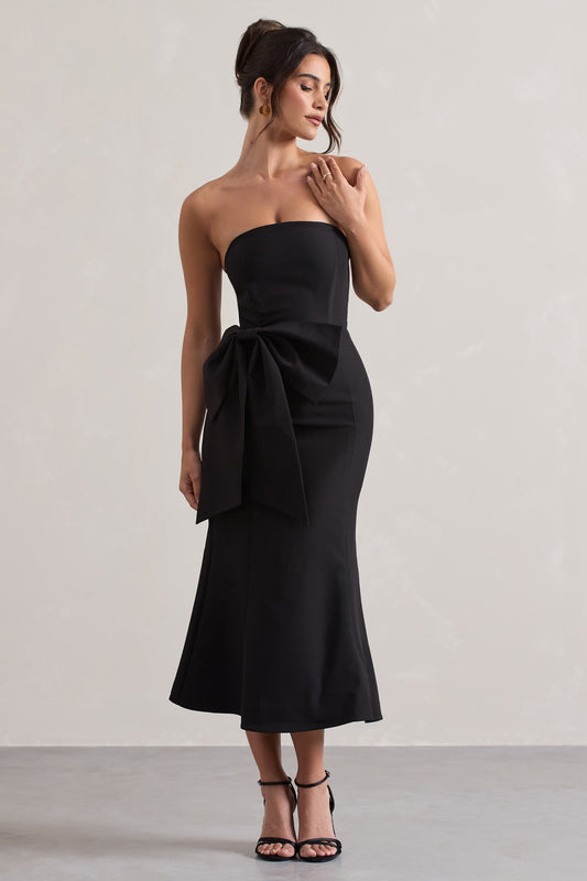 To Me | Black Bandeau Midi Dress With Oversized Bow
