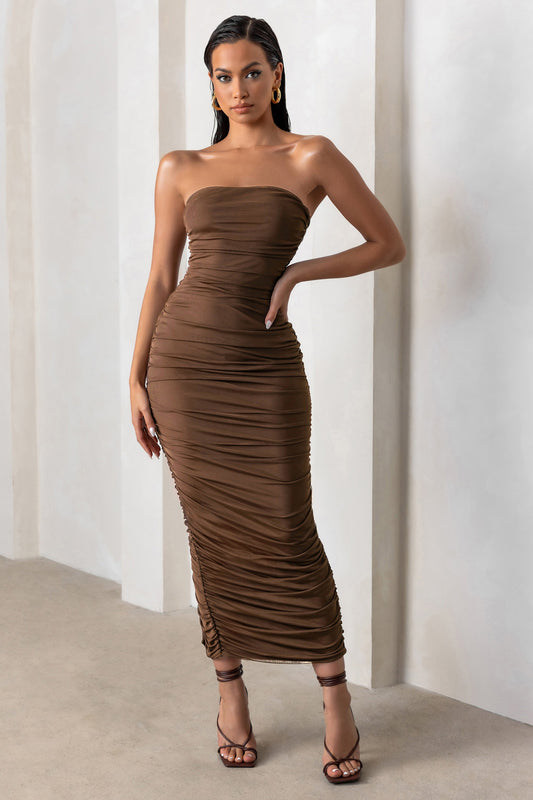 My Lady | Chocolate Brown Strapless Bodycon Ruched Mesh Maxi Dress