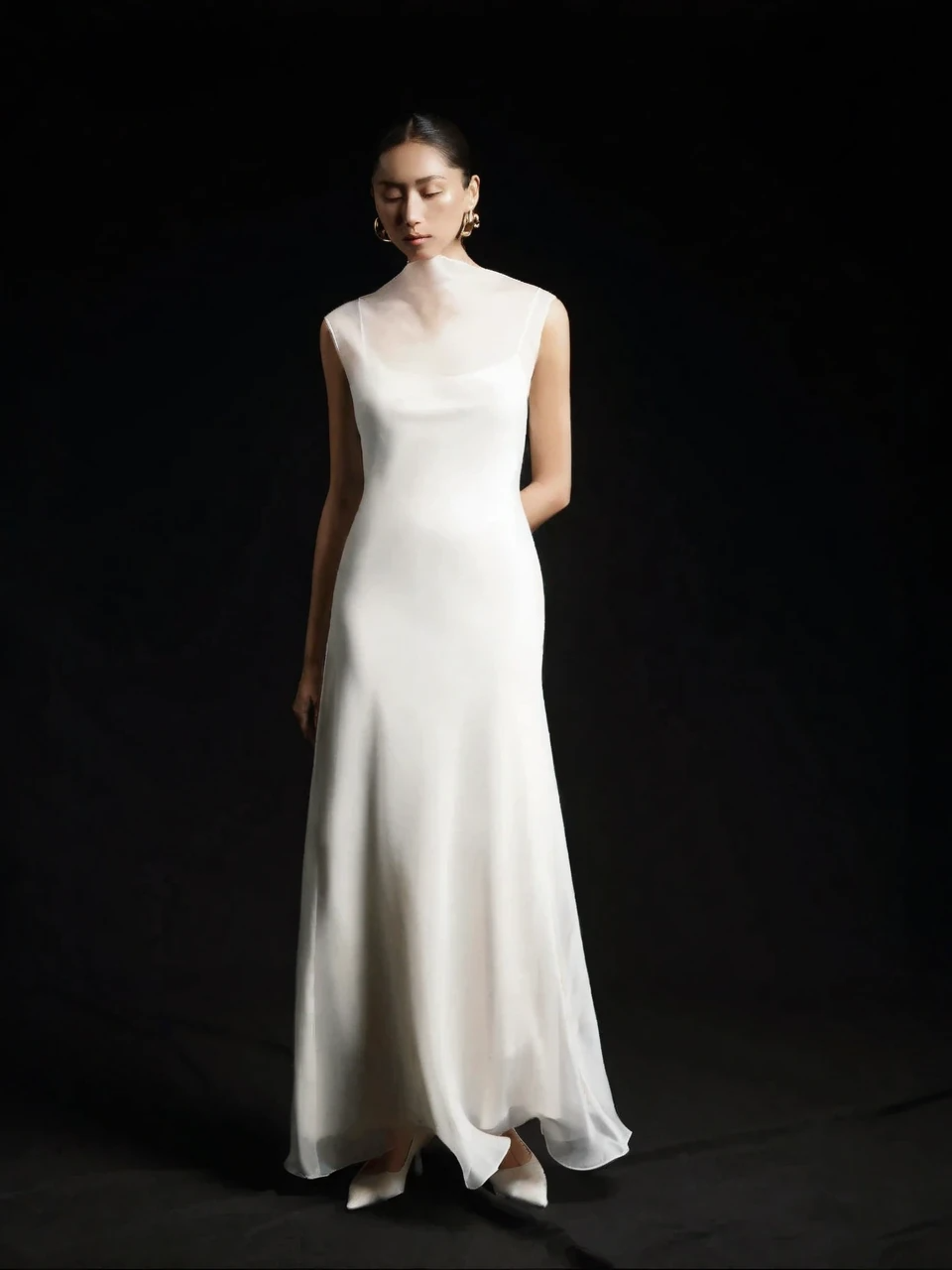 Ivory Layered Deep V-Back Maxi Dress