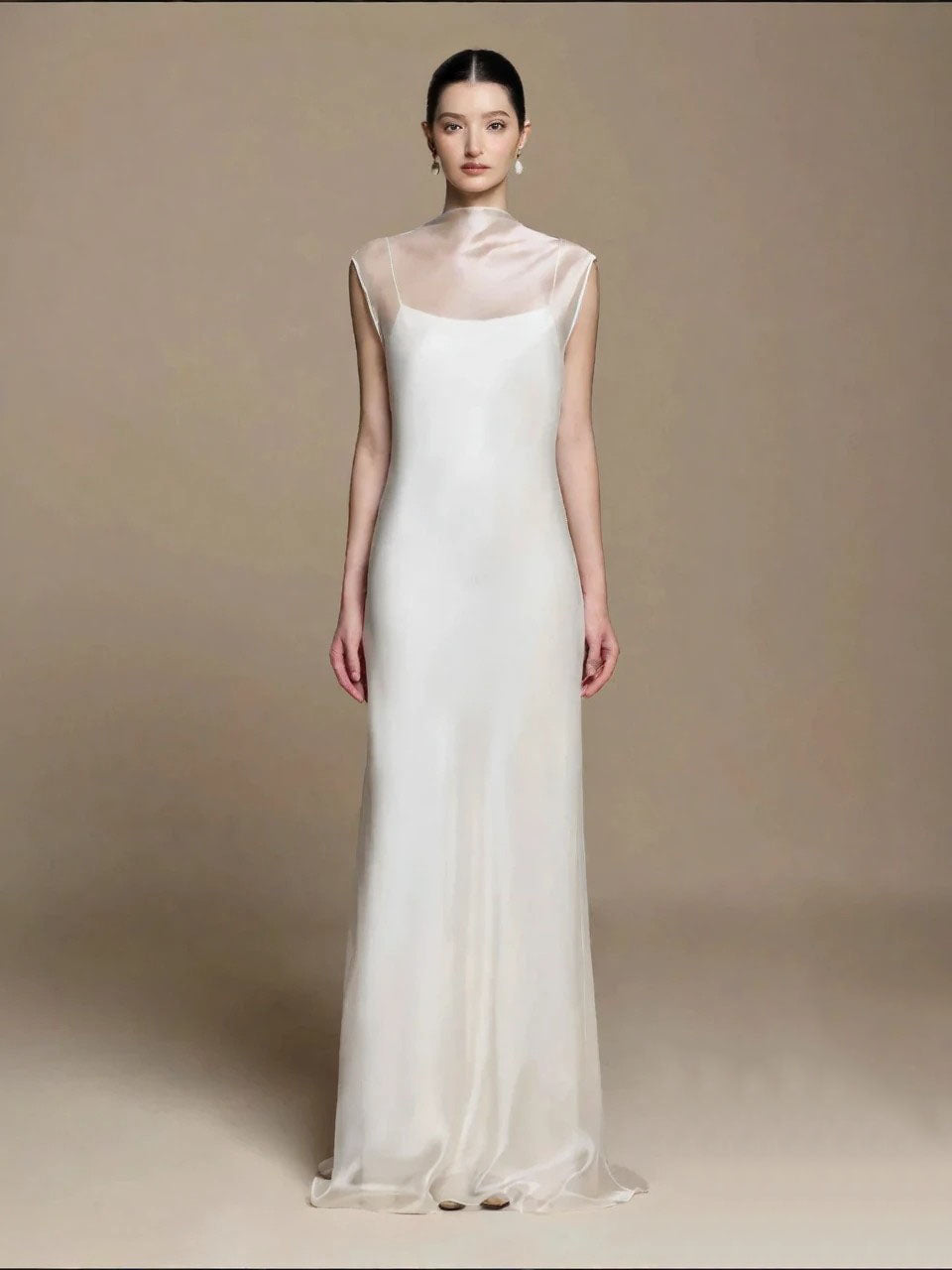 Ivory Layered Deep V-Back Maxi Dress