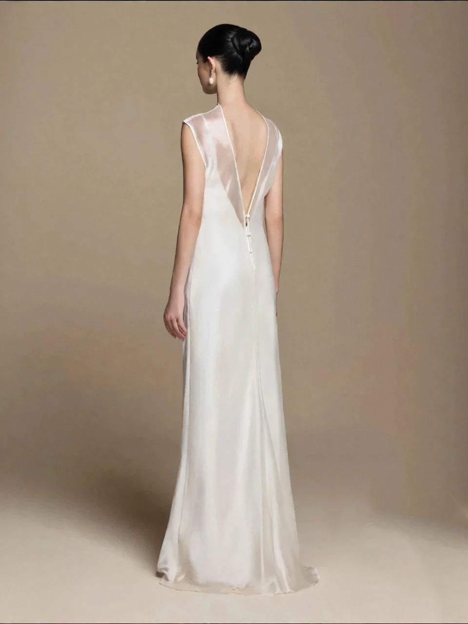 Ivory Layered Deep V-Back Maxi Dress