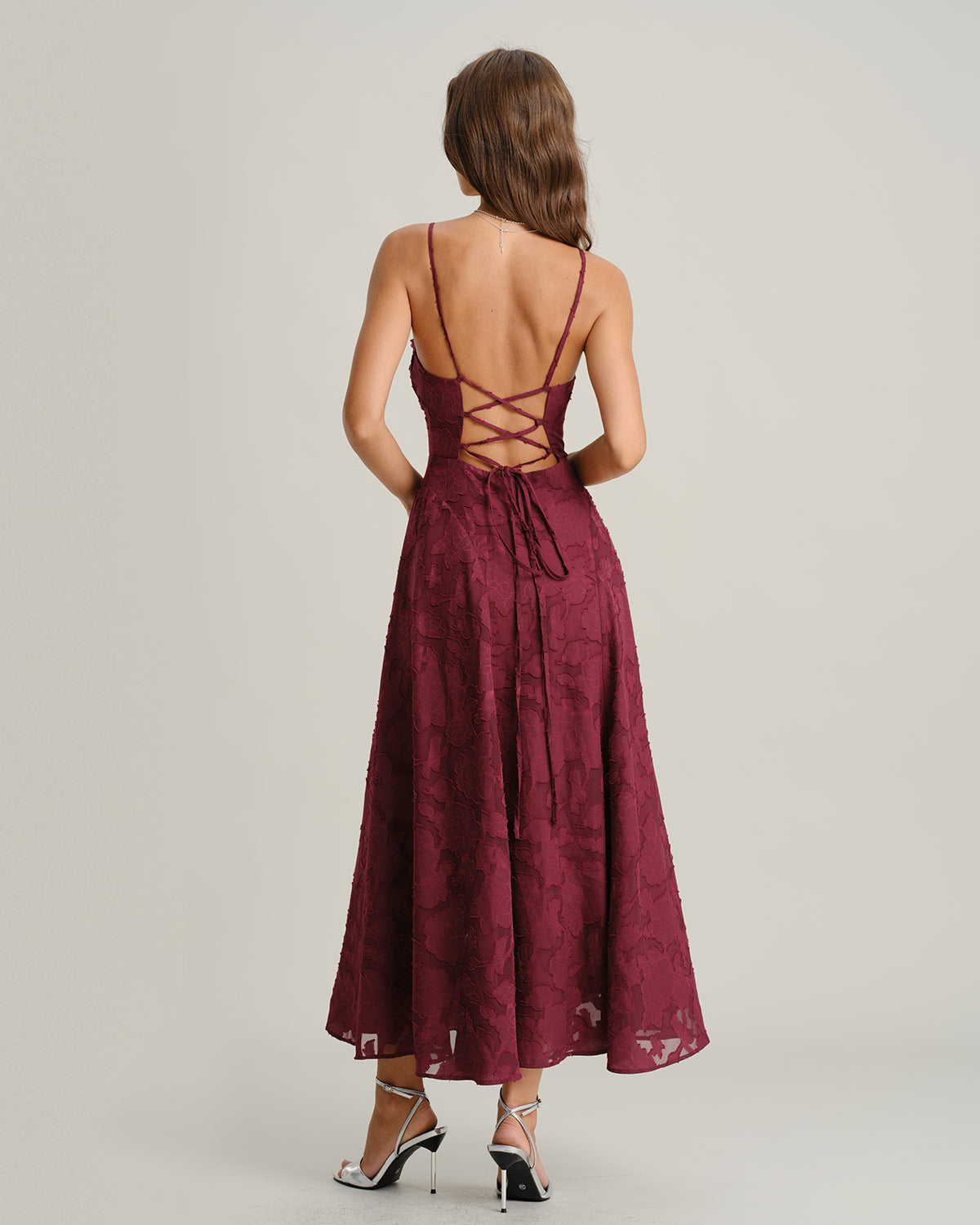 Wine Red Jacquard Slip Maxi Dress